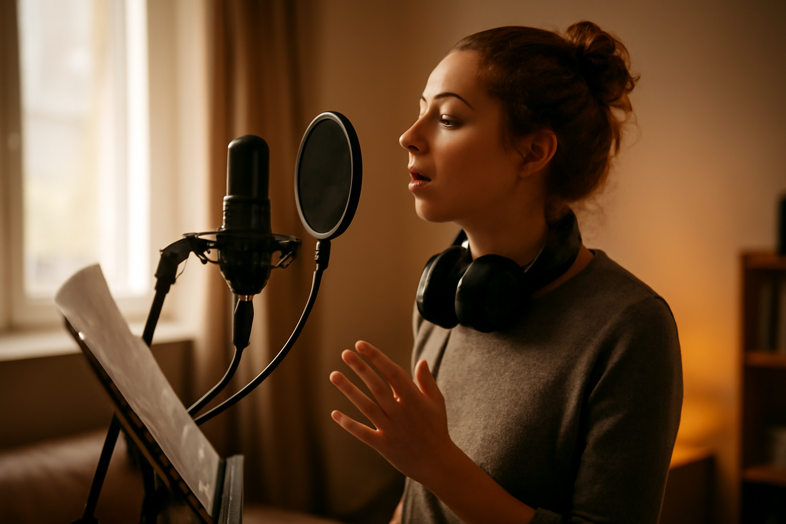 Penyanyi muda melakukan pemanasan vokal di studio rumahan dengan mikrofon dan headphone