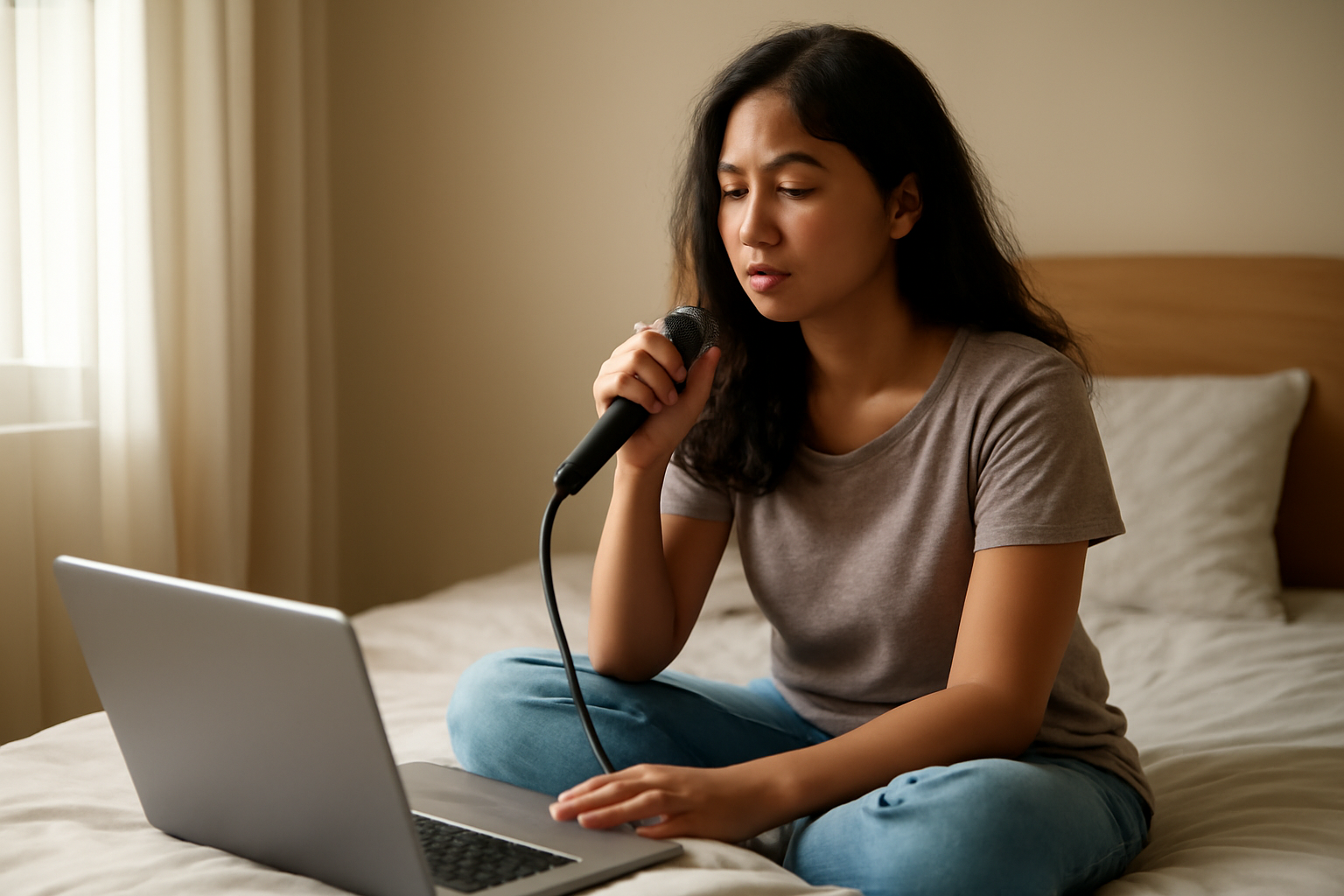 Pemula latihan vokal pop di rumah dengan mikrofon dan laptop